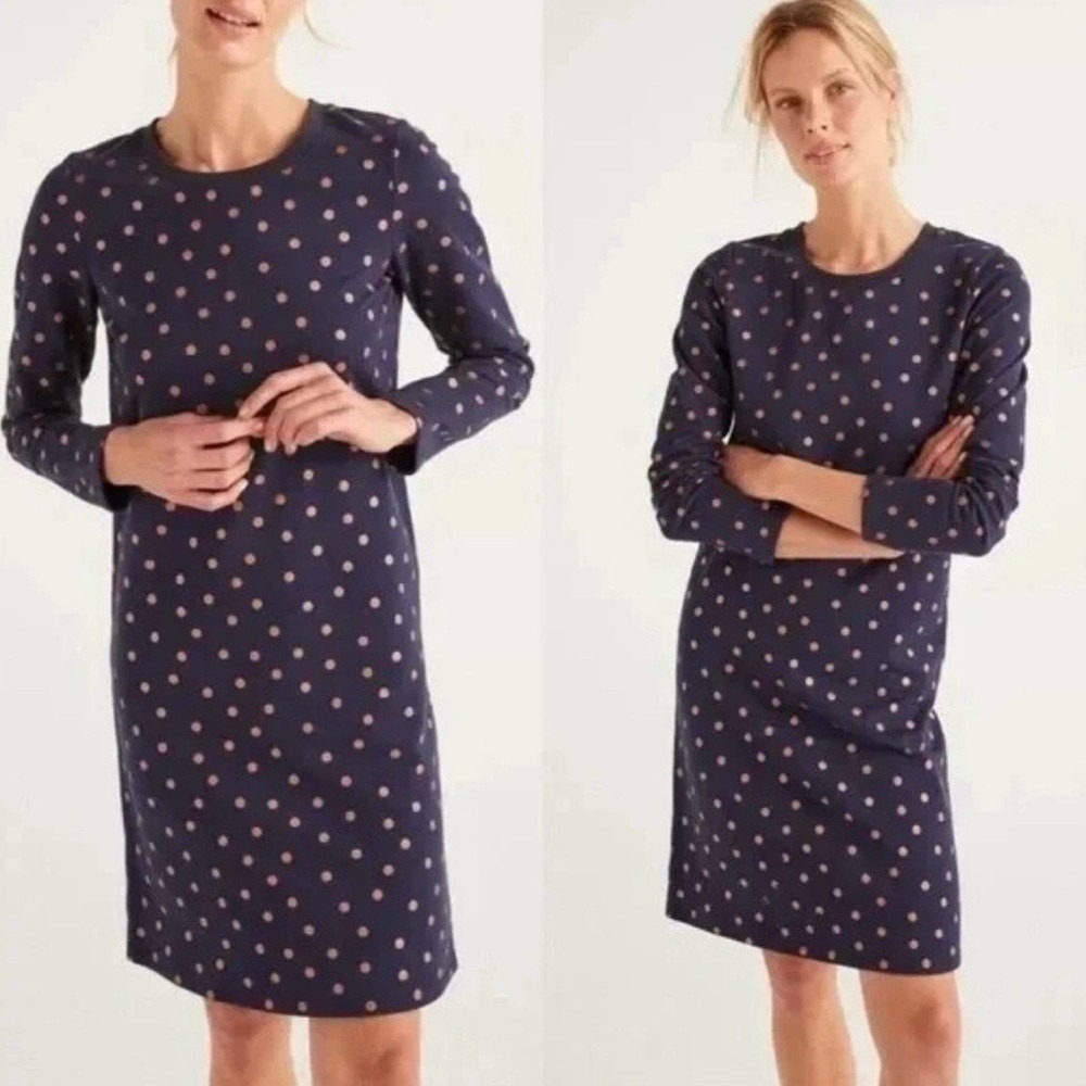 Boden Navy Blue Metallic Copper Polka Dot Long Sleeve Cotton Shift Dress
